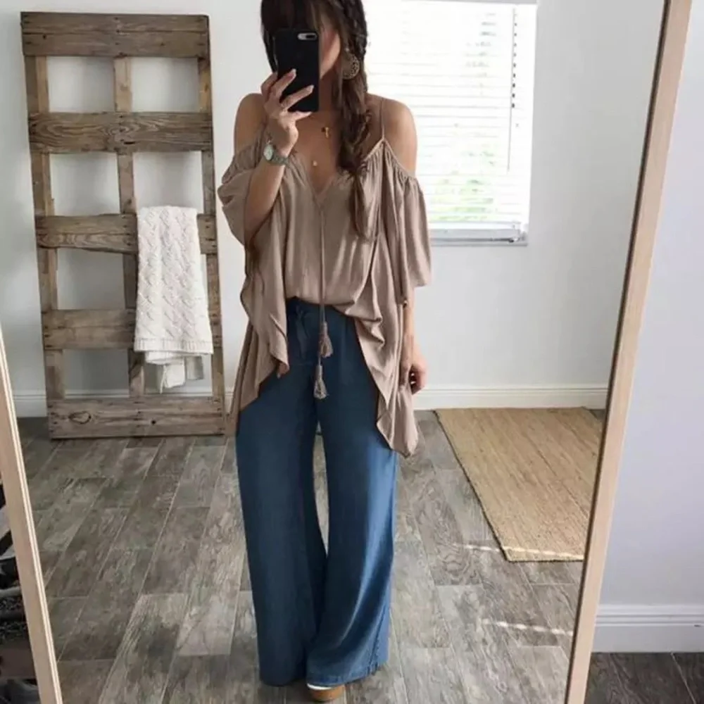 Tassel Tie Front Split V Neck Flowy Mocha Butterfly Blouse - Picture 3 of 8